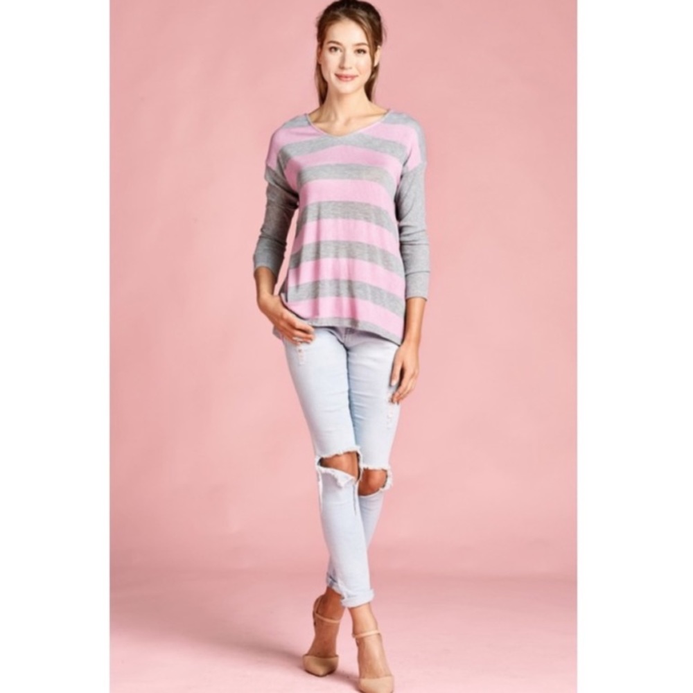 SALE ODDI Heather Gray Pink Stripe Twist Back Top - Picture 4 of 12